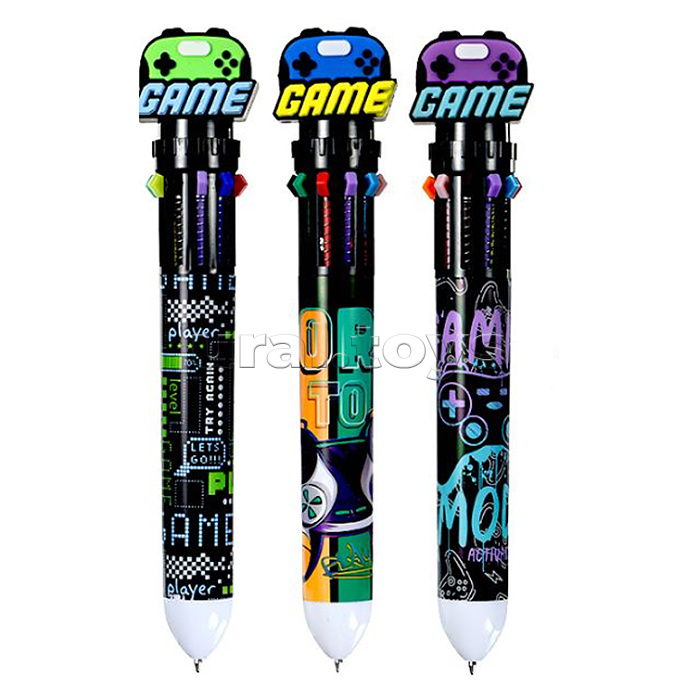 Ручка шариковая автоматическая "GAME" 10 цв. (фиолетовый, черный, синий, красный, оранжевый, зеленый, жёлтый, голубой, розовый, коричневый), пулевидный пиш.узел 0.7мм, корпус пластиковый цветной, сменный стержень 68 мм, картонный дисплей
