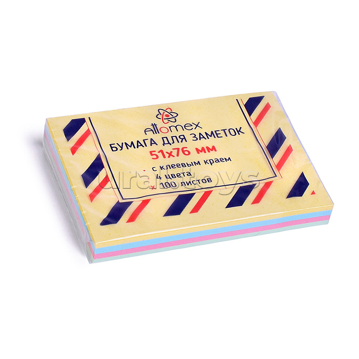 Клейкая бумага для заметок 51x76 мм, 100 листов, офсет 75 (70) г/м², 4 пастельных цвета