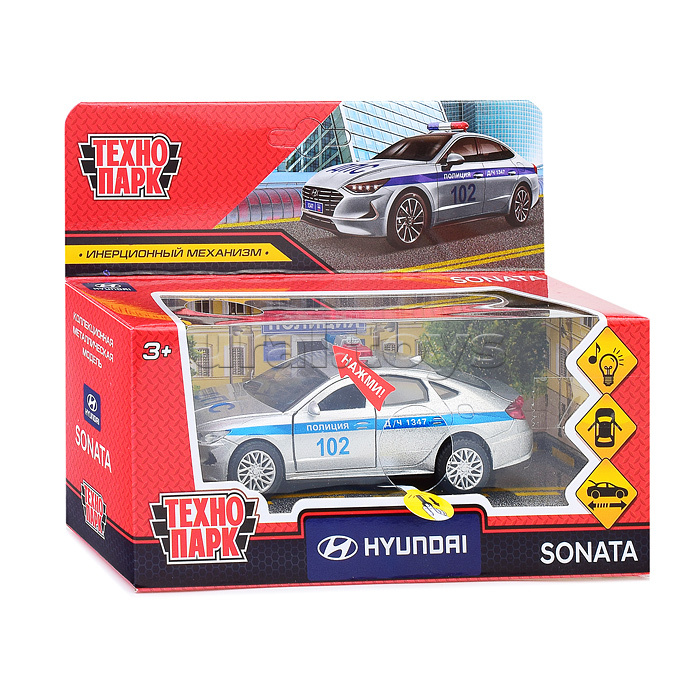 Машина металл Hyundai Sonata Полиция, 12 см, (свет-звук, двер, багаж,) инерц, в коробке