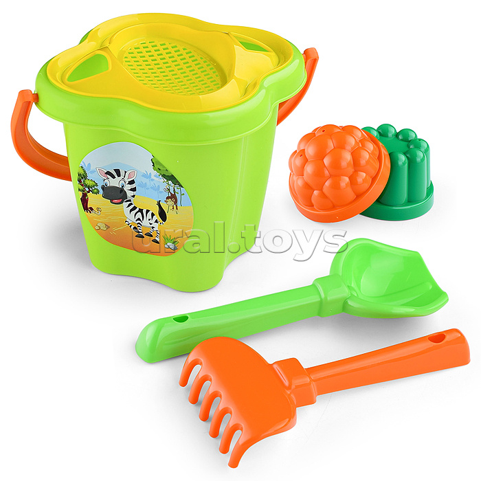 Набор №36: ведро-цветок среднее, ситечко-цветок, совок №2, грабельки №2, 2 формочки