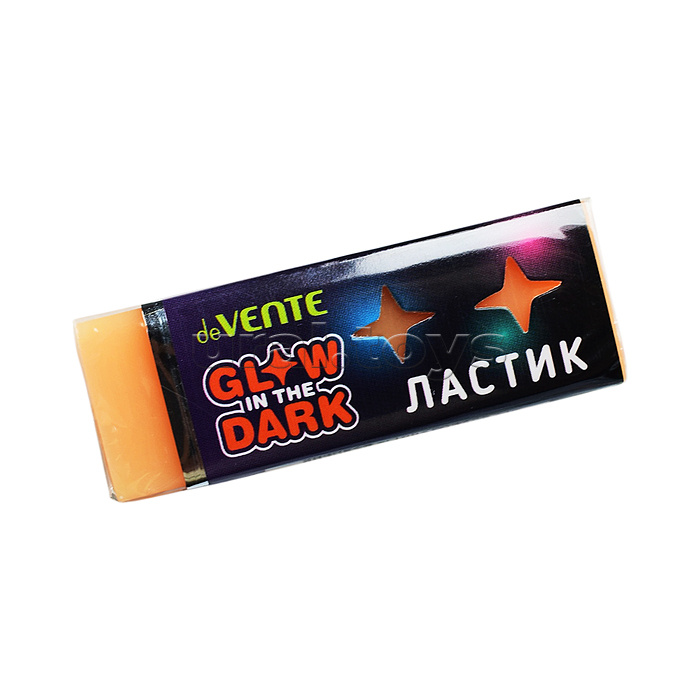 Ластик "Glow in the Dark" синтетический каучук с добавлением люминофора, прямоугольный, 60x21x10 мм, обладает временным эффектом свечения в темноте после воздействия ультрафиолетового излучения, 2 цвета микс, индивидуальная маркировка, в картонной коробке