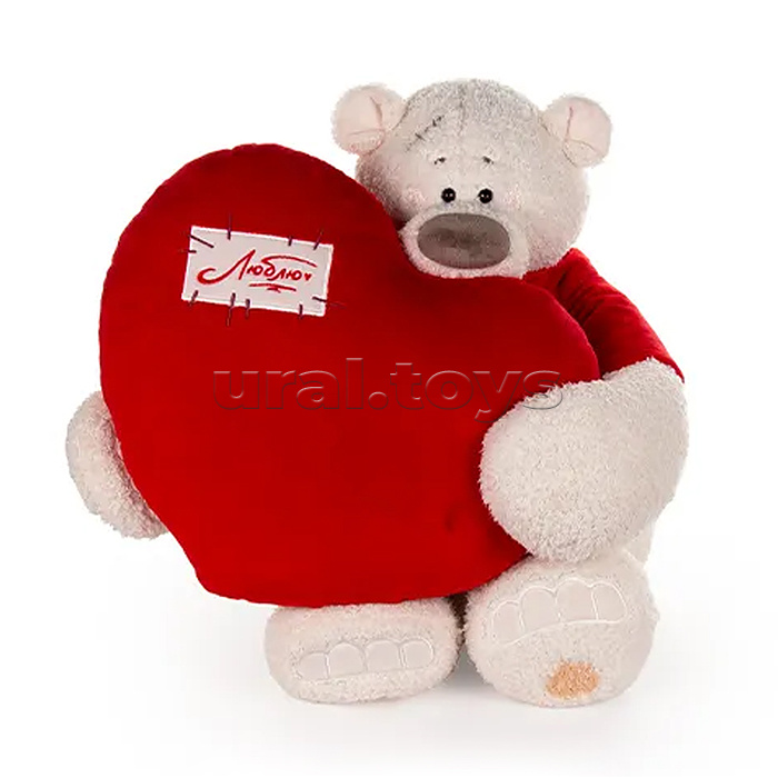 Медведь Тато в красной майке, с сердцем подушкой красной, 37см