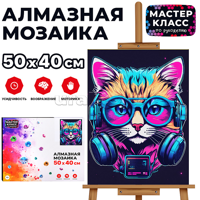 Мозаика алмазная "Кот в наушниках" 40*50см.