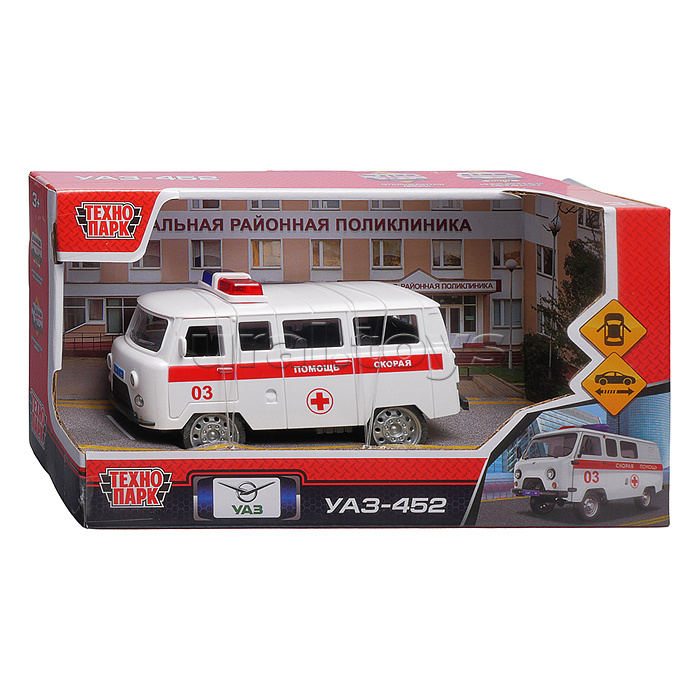 Машина пластик UAZ 452 "Скорая" 12см. (двери, белая) инерц., в коробке