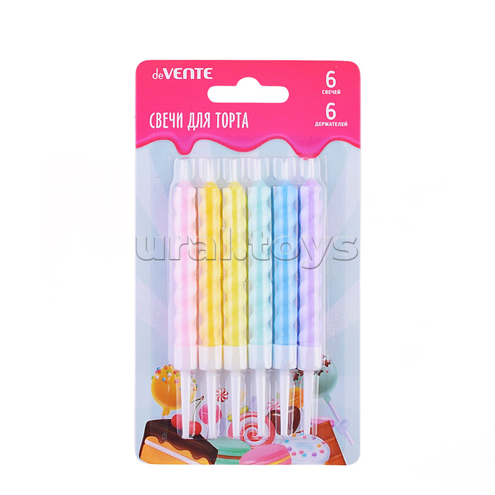 Набор свечей для торта "Pastel Set" 6 пастельных спиральных свечек 7,5x0,55 см с держателями