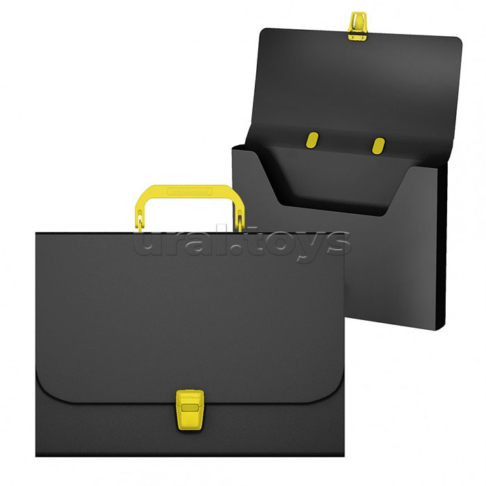 Портфель пластиковый Matt Accent , A4, черный с желтой ручкой и замком