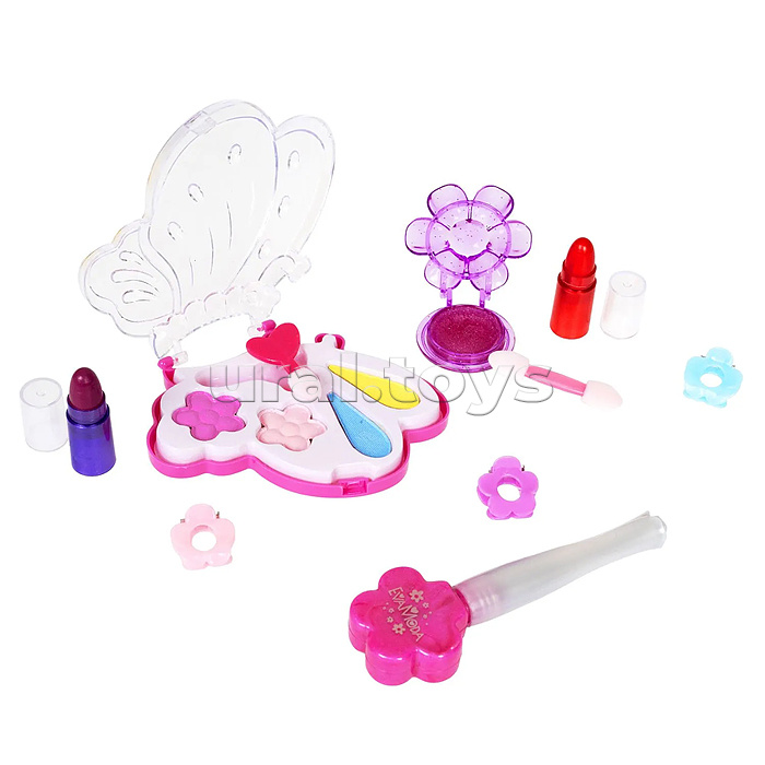 Набор детской декор. косметики Eva Moda,  бабочка с тенями для век 4 оттенка (2,8г), 2 аппликатора, помады 2 оттенка (1,6г), лак для ногтей (7,8г), цветок-футляр с блеском для губ (1,4г), 3 заколки
