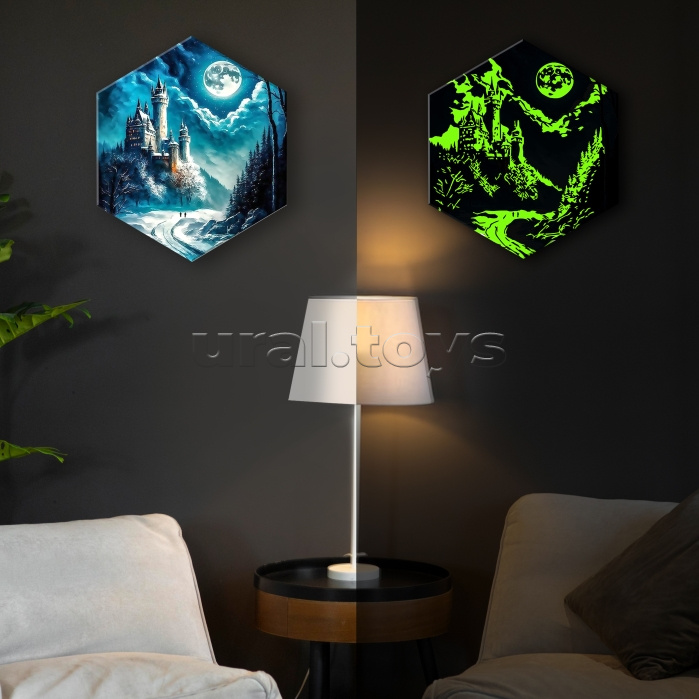 Картина по номерам 37х32 "Замок в лунном свете" со светящейся краской Гексагон (13 цветов)