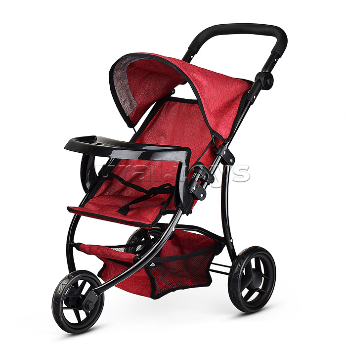 Коляска для кукол 3-колесная, металлическая, прогулочная, с тентом, с корзиной,цвет бордовый, в пакете