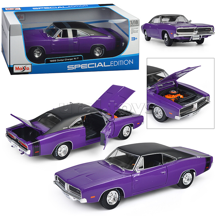 Машинка die-cast 1969 Dodge Charger R/T, 1:18,  фиолетовая, открывающиеся двери