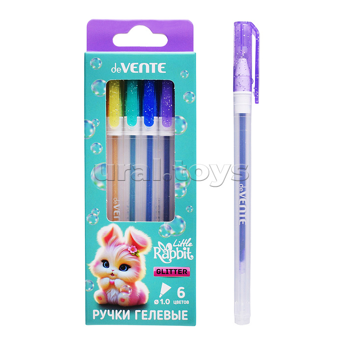 Набор ручек гелевых "Little Rabbit" 06 цветов с блестками, d=1 мм, прозрачно-матовый корпус, сменный стержень, в картонной коробке