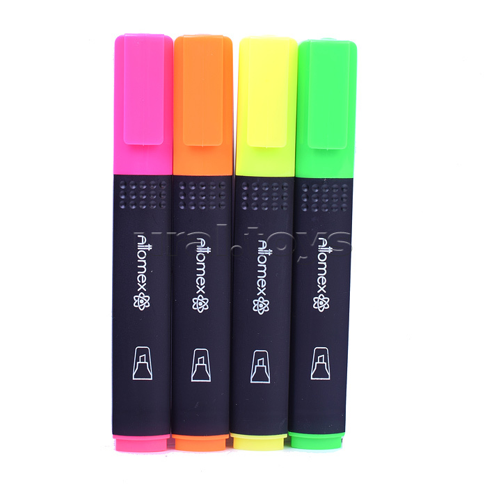 Набор маркеров-выделителей "Attomex" (4 цв - желт, зел, оран, роз) плоский корпус с клипом, скошенный наконечник, ширина линии 1-4 мм, в пластиковом блистере
