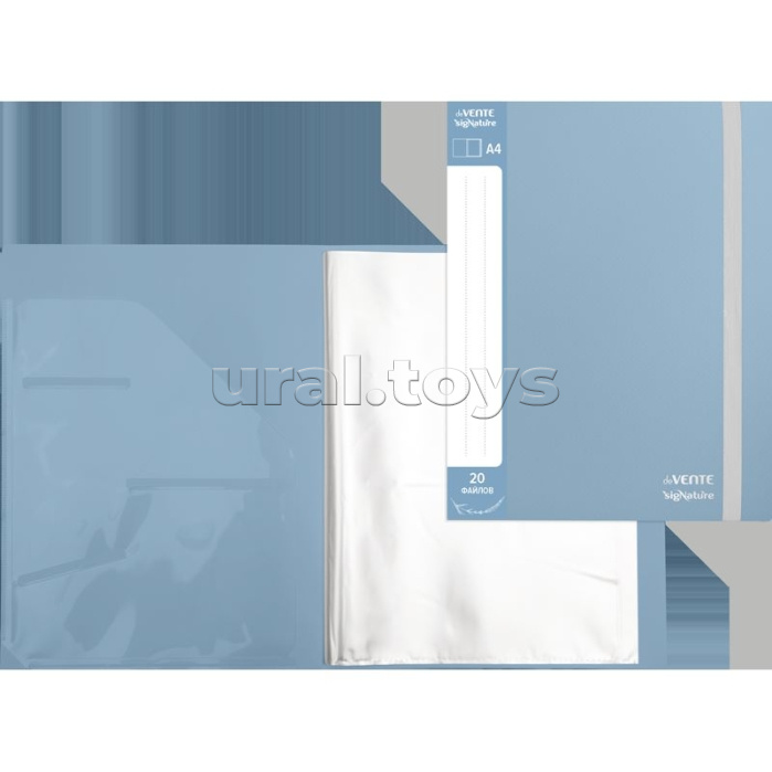 Папка с 020 вкладышами A4 "SigNature" A4 (235x310x15 мм) полипропилен 650 мкм, фактура ткань, вкладыши 30 мкм, внутренний карман 160 мкм, широкая резинка, индивидуальная упаковка, сумеречно синяя