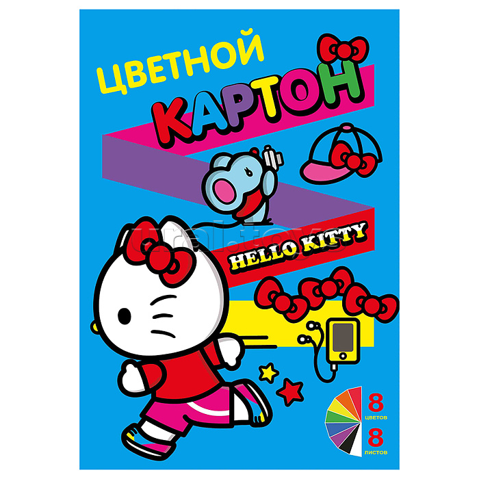 Картон цветной "Hello Kitty" 8 листов, 8 цветов в папке , размер картона 294х205 мм,