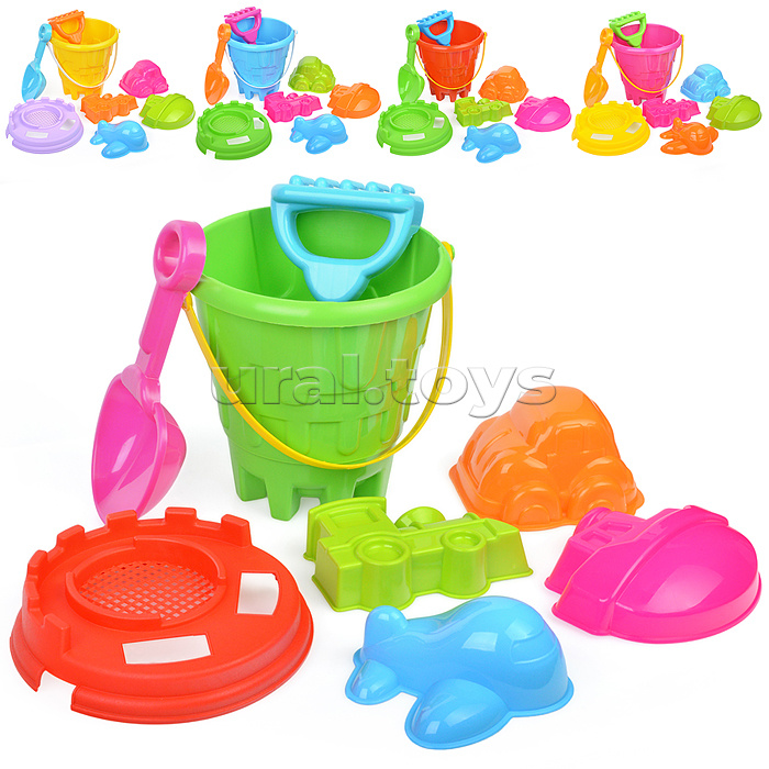 Набор песочный №9 (ведро+лопатка+грабли+фомочки транспорт 4 шт.)
