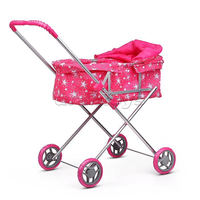 Коляска для кукол металлическая, складная, прогулочная с капюшоном, цвет звёзды на розовом