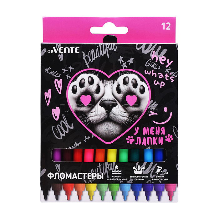 Фломастеры "У меня лапки" 12 цветов с вентилируемым колпачком, в картонной коробке с подвесом
