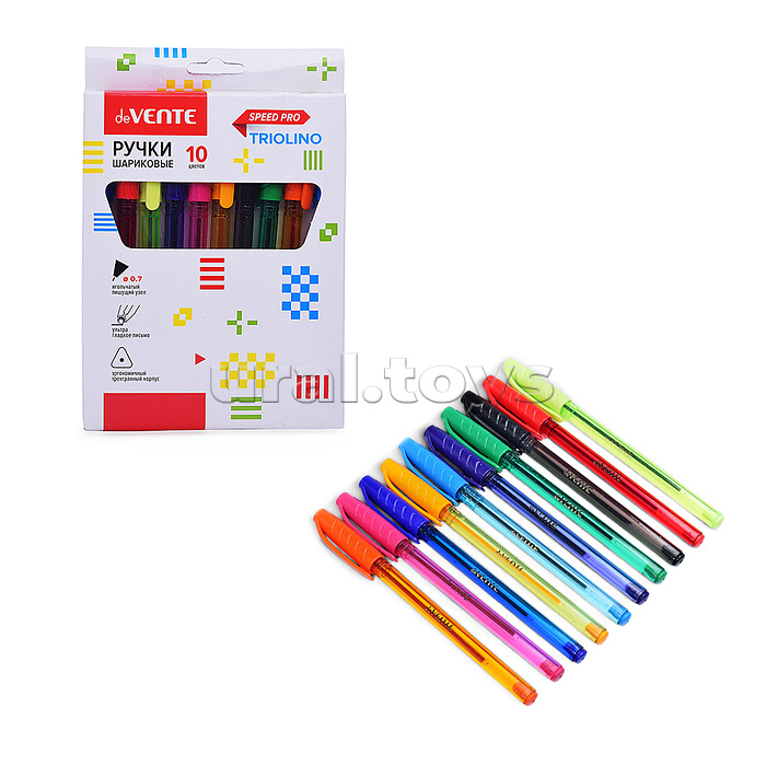 Набор ручек шариковых "Triolino Translucent" 10 цветов, серия Speed Pro, d=0,7 мм, ультра гладкое письмо, чернила на масляной основе, игольчатый пишущий узел, полупрозрачный трехгранный корпус, рифлёная грип-зона, сменный стержень, в картонной коробке