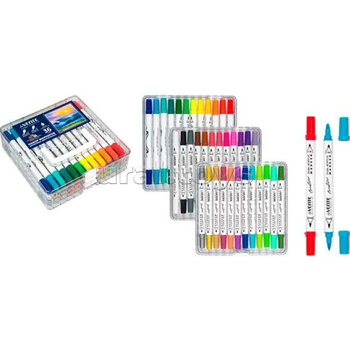 Набор маркеров акриловых "Hobby creative. Classic&Pastel" 36 цветов, двусторонние (кистевидный 1-5 мм/пулевидный 2-4 мм), круглый корпус, в пластиковой коробке