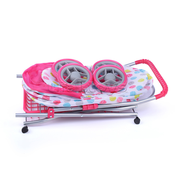 Коляска для кукол, металлическая, складная, прогулочная с капюшоном, с сумкой и корзиной , цве