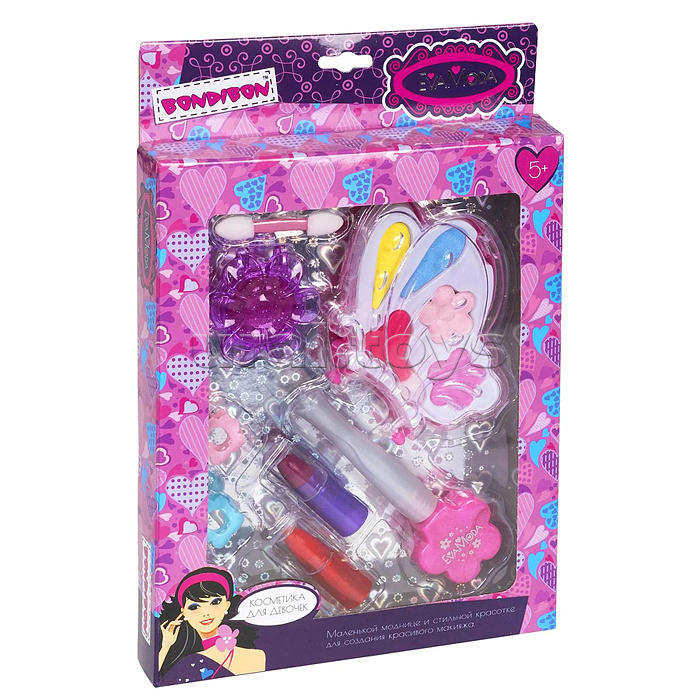 Набор детской декор. косметики Eva Moda,  бабочка с тенями для век 4 оттенка (2,8г), 2 аппликатора, помады 2 оттенка (1,6г), лак для ногтей (7,8г), цветок-футляр с блеском для губ (1,4г), 3 заколки