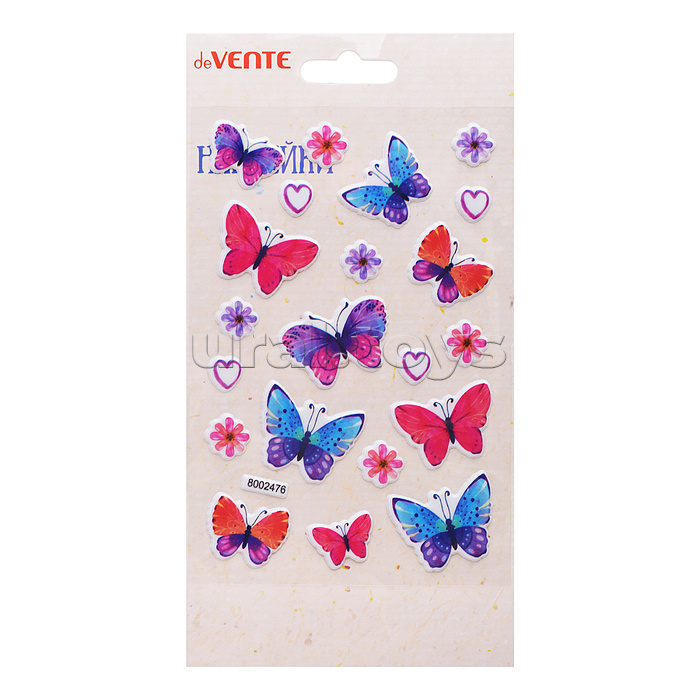 Наклейки мягкие "Бабочки" размер карточки 10x15 см, puff, объемные, многоразовые, в пластиковом пакете с блистерным подвесом