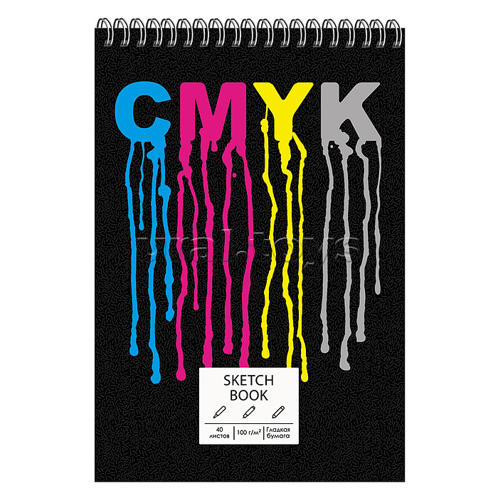 Скетчбук 40л. "Sketchbook. Cmyk" 7БЦ, А5 140х208мм мат.ламин., евроспираль по короткой стороне, бум.- офсет 100г/м, белая