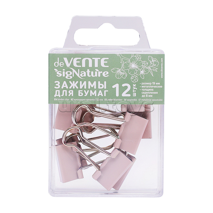Зажим для бумаг "SigNature" металлический (19 мм) толщина скрепления до 8 мм, 12 шт в пластиковой коробке, цвет пудрово-розовый