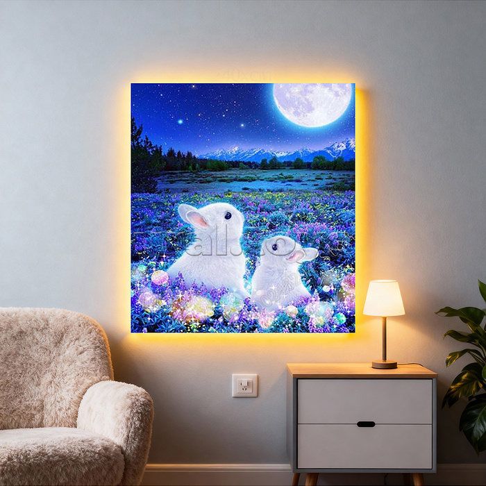 Мозаика алмазная "Кролики в полнолуние" (светится в темноте) 20*20см.