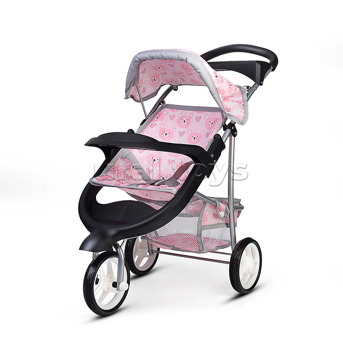 Коляская кукольная металлическая, 3-х колесная, с корзиной, козырьком и столиком