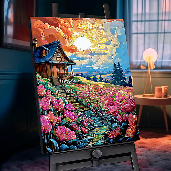 Картина по номерам 40х50 "Цветочный домик" с кристаллами из хрусталя (24 цвета)