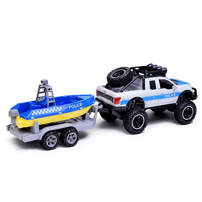 Машина "Пикап полицейский" (свет, звук) с катером, в коробке