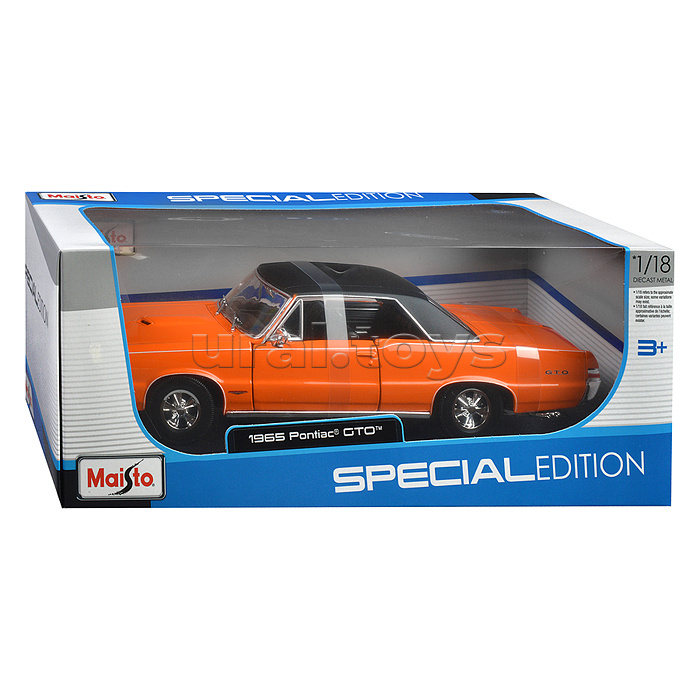 Машинка die-cast 1965 Pontiac GTO, 1:18, оранжевая, открывающиеся двери Машинка die-cast 1965 Pontiac GTO, 1:18, оранжевая, открывающиеся двери