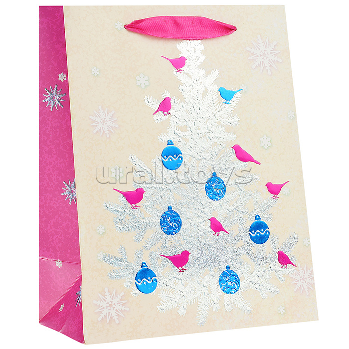 Бумажный пакет "Серебрянная ель" с серебристым тиснением с рисунком, с синим и розовым тиснением