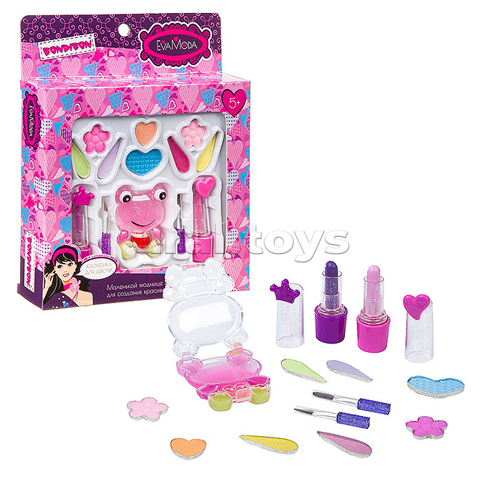 Набор детской декор. косметики Eva Moda, тени для век (8 оттенков), помады (2 цвета), лягушонок с блесками для губ (3 цвета), 2 кисточки