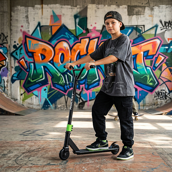 Самокат трюковый ROCKET,колеса PU/пластик 100 мм,ABEC 7, зеленый (в пакете)