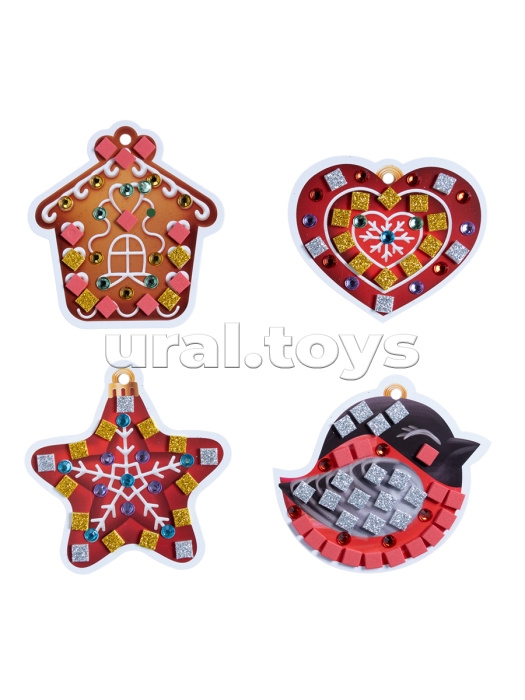 Набор для творчества. Аппликация "Ёлочные украшения" 4 шт (3 цв, 150 эл, стразы 91 шт) 2 конверт