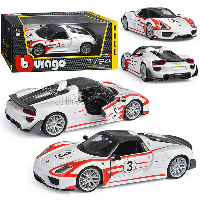 Гоночная машинка die-cast Porsche 918 Weissach, 1:24, белая, открывающиеся двери