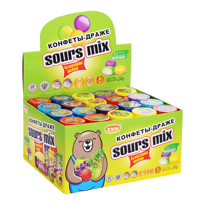 Конфеты-драже "Sours mix" со вкусом лимона, клубники и черники Zvn "Балабол" 12г*20 шт