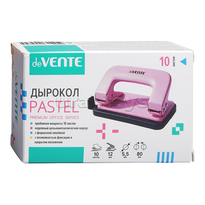 Дырокол "Pastel" (10 листов) металлический, с линейкой, в картонной коробке, розовый