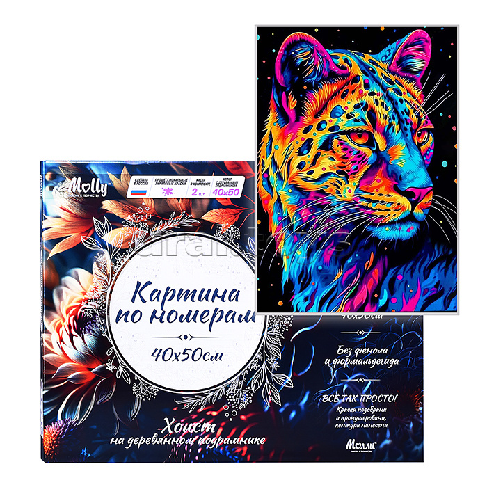 Картина по номерам 40х50 "Радужный леопард" черный холст (10 цветов)