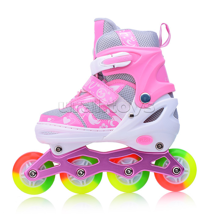 Ролики детские, M с комплектом защиты, цвет розовый с белым, цветные колеса