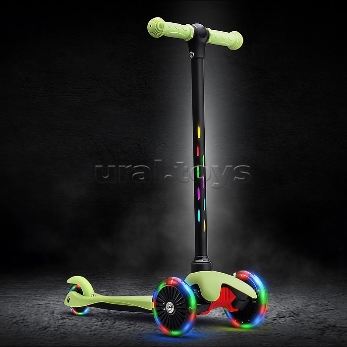 Самокат 3-х колесный ROCKET,колеса PU со светом, светящаяся стойка, ABEC 7, зеленый