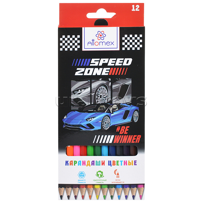 Карандаши цветные "Attomex. Speed Zone" 12 цветов, М, диаметр грифеля 2,65 мм, шестигранные, в картонной коробке