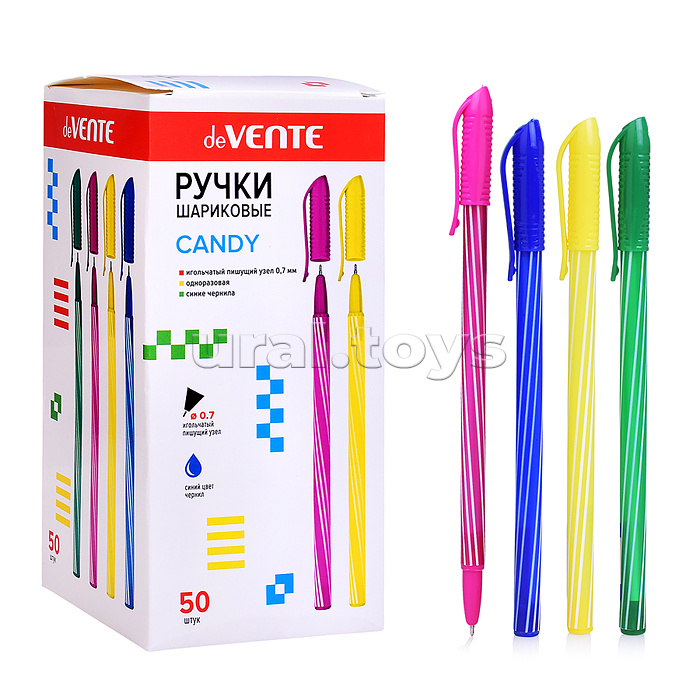 Ручка шариковая "Candy" d=0,7 мм, цветной полосатый корпус, игольчатый пишущий узел, одноразовая, индивидуальная маркировка, цвета корпуса ассорти, в пластиковой тубе, синяя