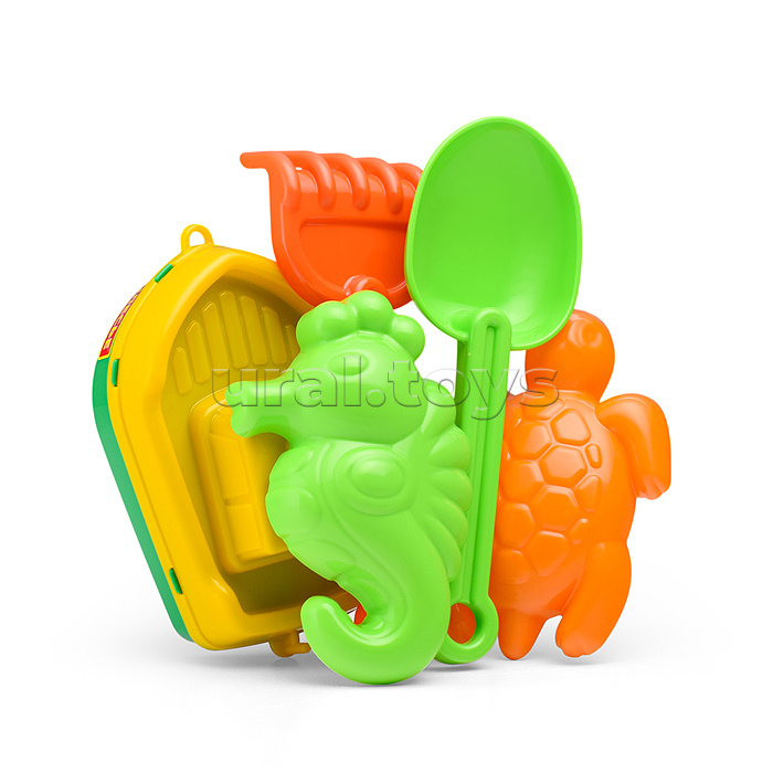 Набор №370: кораблик "Буксир", совок №7, грабельки №7, формочки (морской конёк + черепаха)