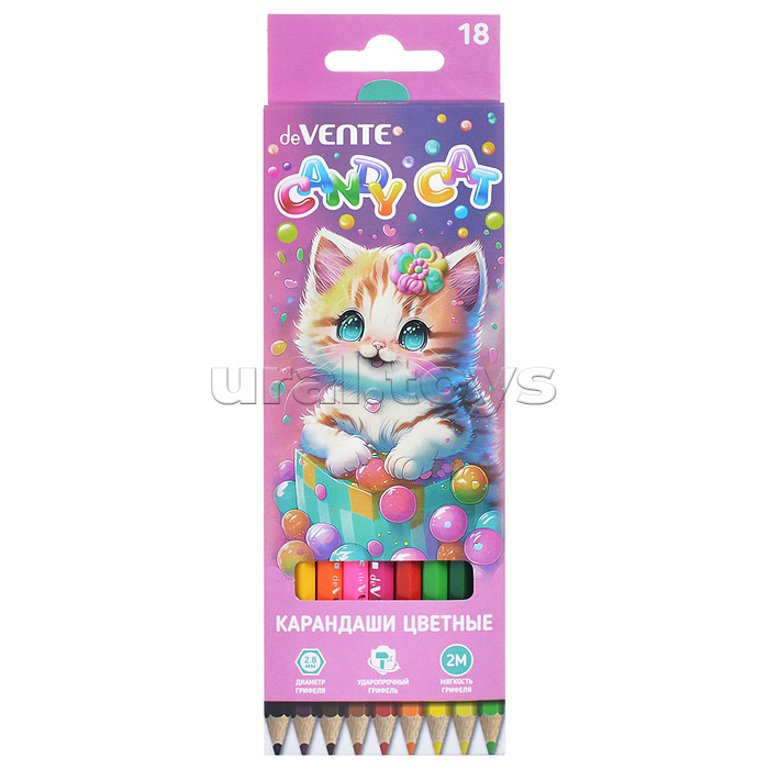 Карандаши цветные "Candy Cat" 18 цветов, 2М, диаметр грифеля 2,8 мм, шестигранные, в картонной коробке