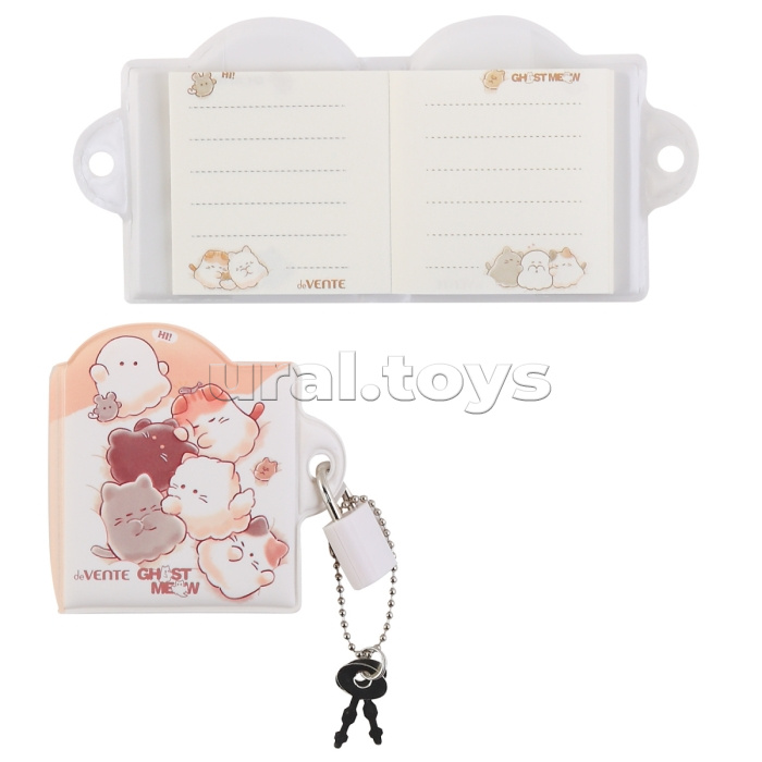 Записная книжка "Ghost Meow" A8 (58 ммx72 мм) 140 стр, белая бумага 80 г/м² с цветным дизайном, мягкая съемная обложка из искусственной кожи, цветная печать, металлический замок, в картонном блистере с европодвесом