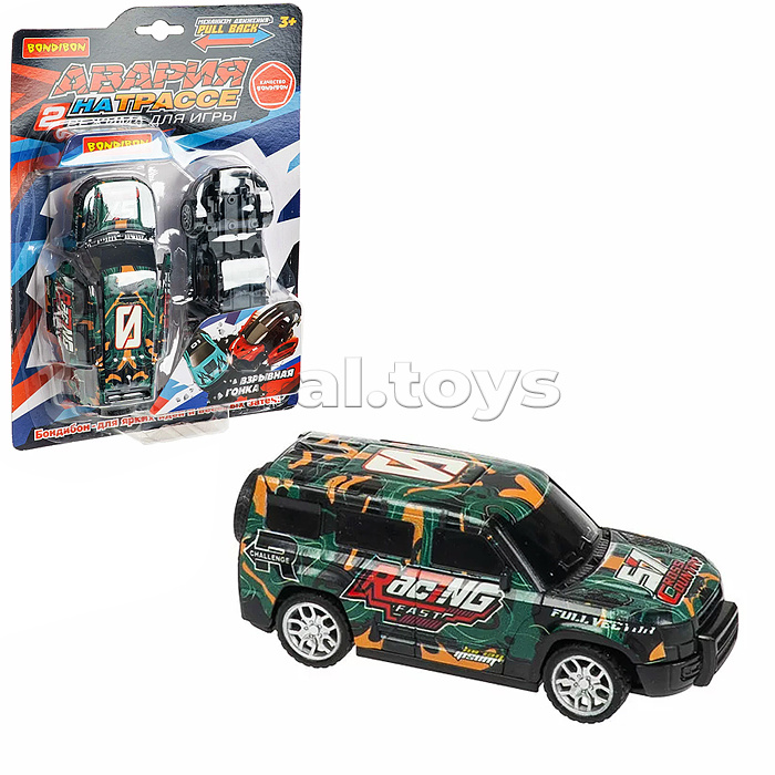 Машинка пластмассовая инерционная "Авария на трассе" Джип хаки  (pull back) CRD 25x18,2x5,2см