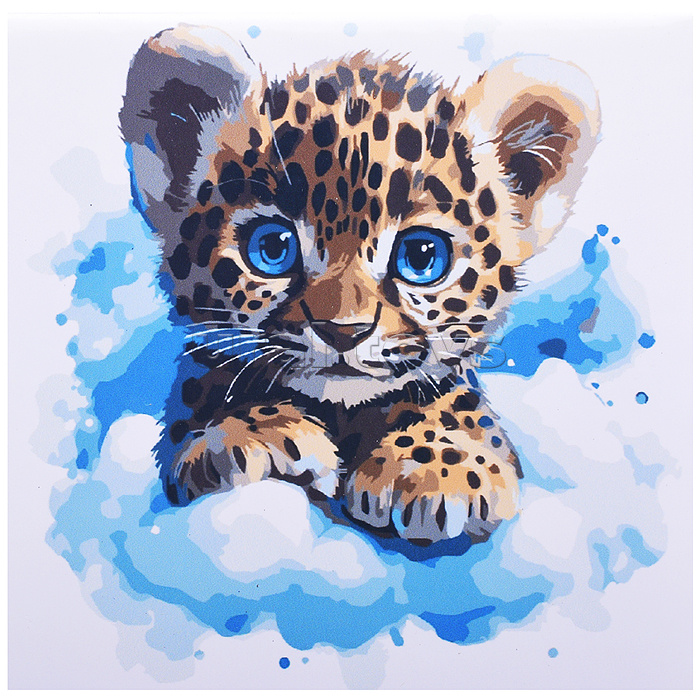 Холст с красками 20х20 по номерам "Леопард на облачке" в коробке (16цв.)